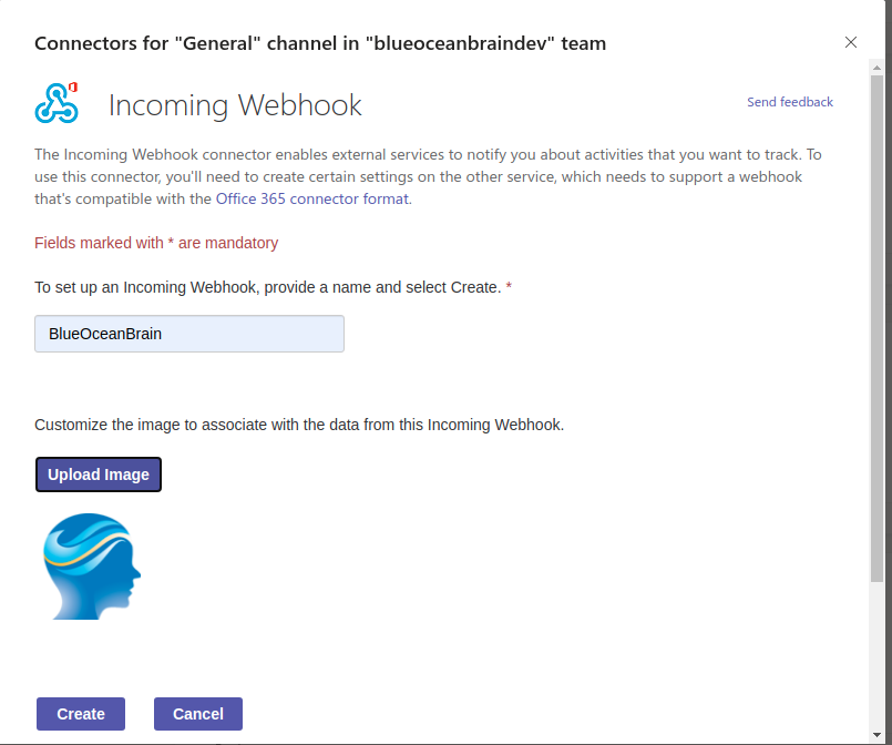 How do I set up the Blue Ocean Brain app in a Microsoft Teams channel for my organization?